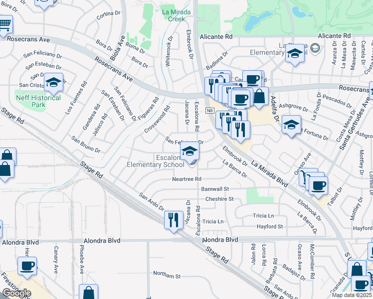 map of restaurants, bars, coffee shops, grocery stores, and more near 14957 Excelsior Drive in La Mirada