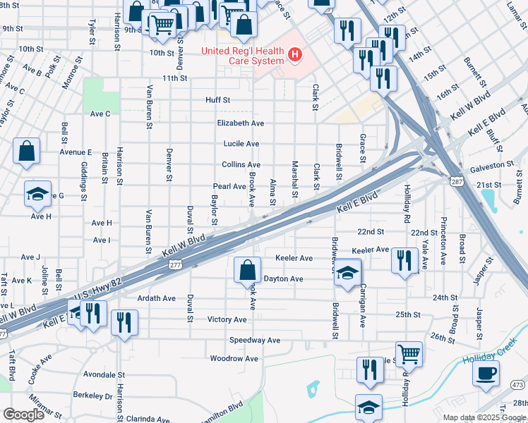 map of restaurants, bars, coffee shops, grocery stores, and more near 1659 McGregor Avenue in Wichita Falls
