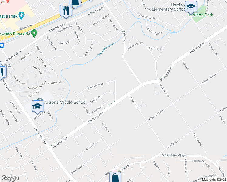 map of restaurants, bars, coffee shops, grocery stores, and more near 2751 Libra Drive in Riverside