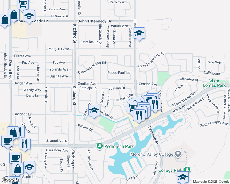 map of restaurants, bars, coffee shops, grocery stores, and more near 25870 La Barca Road in Moreno Valley