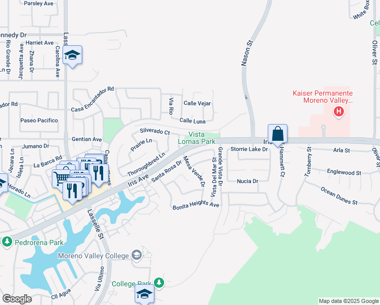 map of restaurants, bars, coffee shops, grocery stores, and more near 26628 Santa Rosa Drive in Moreno Valley