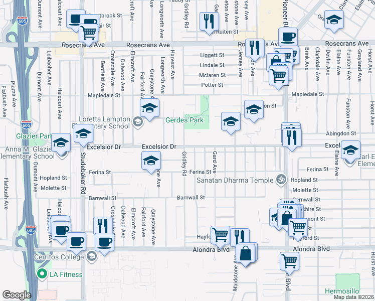 map of restaurants, bars, coffee shops, grocery stores, and more near 11402 Excelsior Drive in Norwalk