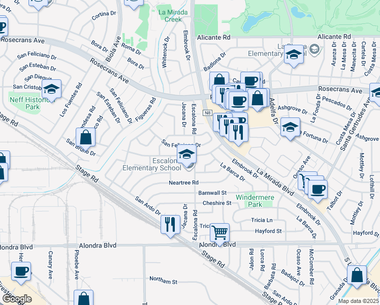 map of restaurants, bars, coffee shops, grocery stores, and more near 14975 Excelsior Drive in La Mirada