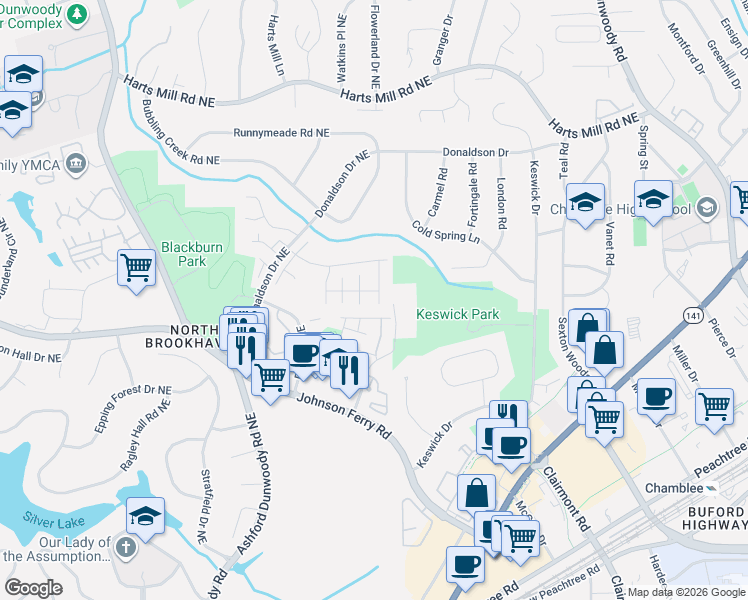 map of restaurants, bars, coffee shops, grocery stores, and more near 3507 Brookleigh Lane Northeast in Brookhaven