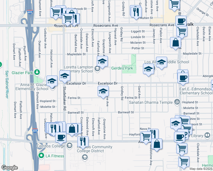 map of restaurants, bars, coffee shops, grocery stores, and more near 11256 Excelsior Drive in Norwalk