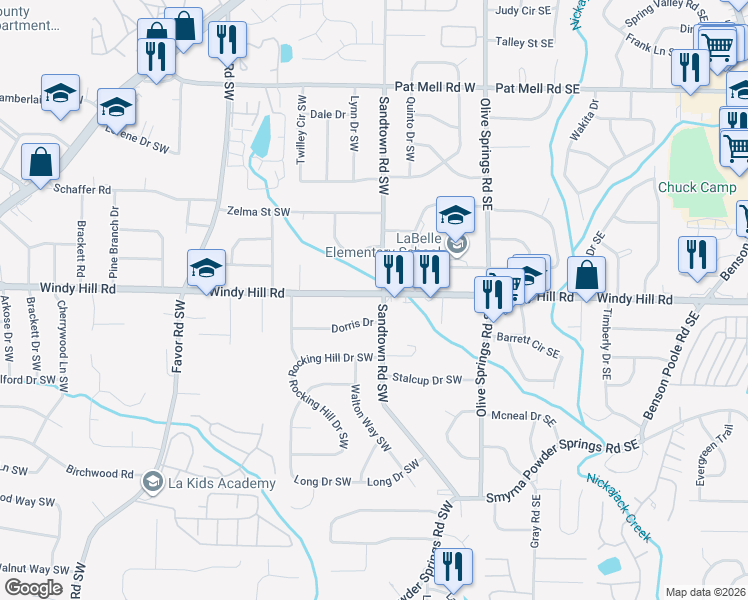 map of restaurants, bars, coffee shops, grocery stores, and more near 2432 Sandtown Road Southwest in Marietta