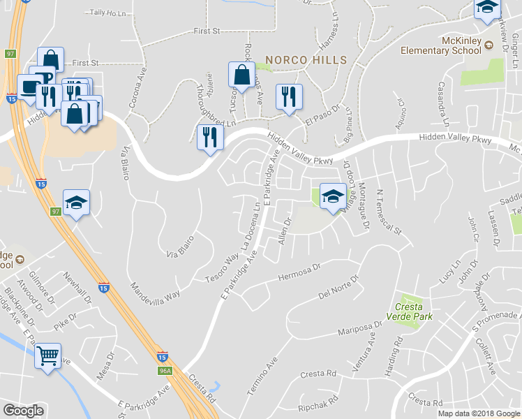 map of restaurants, bars, coffee shops, grocery stores, and more near 839 La Docena Lane in Corona