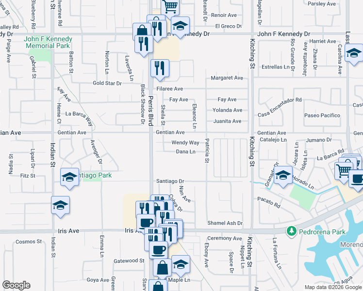 map of restaurants, bars, coffee shops, grocery stores, and more near 25189 Dana Lane in Moreno Valley