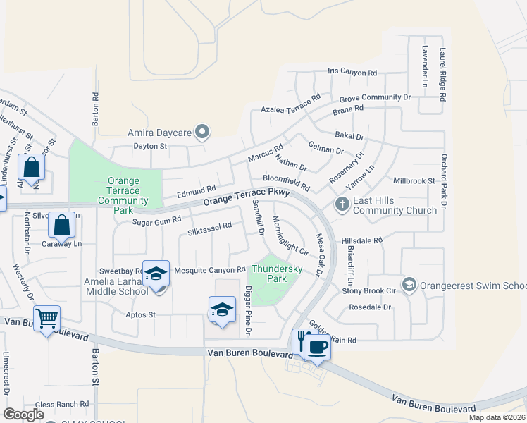 map of restaurants, bars, coffee shops, grocery stores, and more near 8705 Morninglight Circle in Riverside