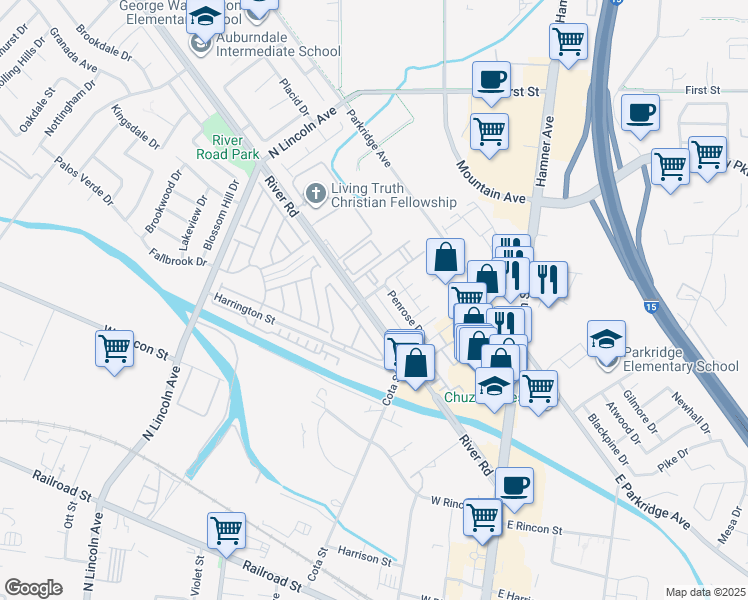 map of restaurants, bars, coffee shops, grocery stores, and more near 551 River Road in Corona