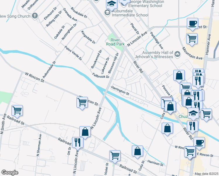 map of restaurants, bars, coffee shops, grocery stores, and more near 1038 Savi Drive in Corona