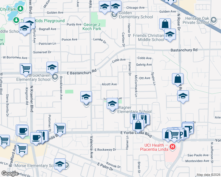 map of restaurants, bars, coffee shops, grocery stores, and more near 1713 Shaw Circle in Placentia