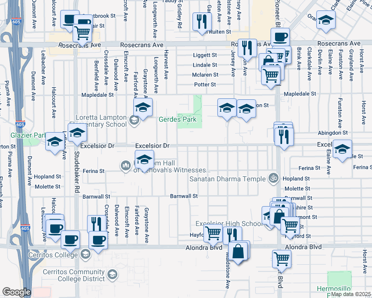 map of restaurants, bars, coffee shops, grocery stores, and more near 15029 Sylvanwood Avenue in Norwalk