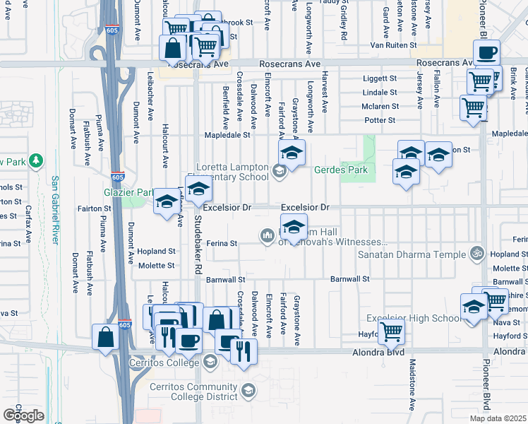 map of restaurants, bars, coffee shops, grocery stores, and more near 11124 Excelsior Drive in Norwalk