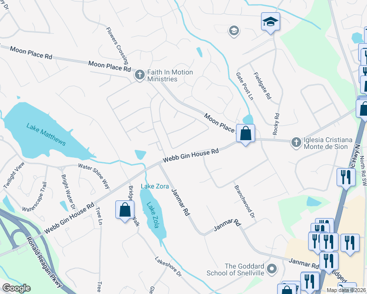 map of restaurants, bars, coffee shops, grocery stores, and more near 532 Grassmeade Way in Snellville