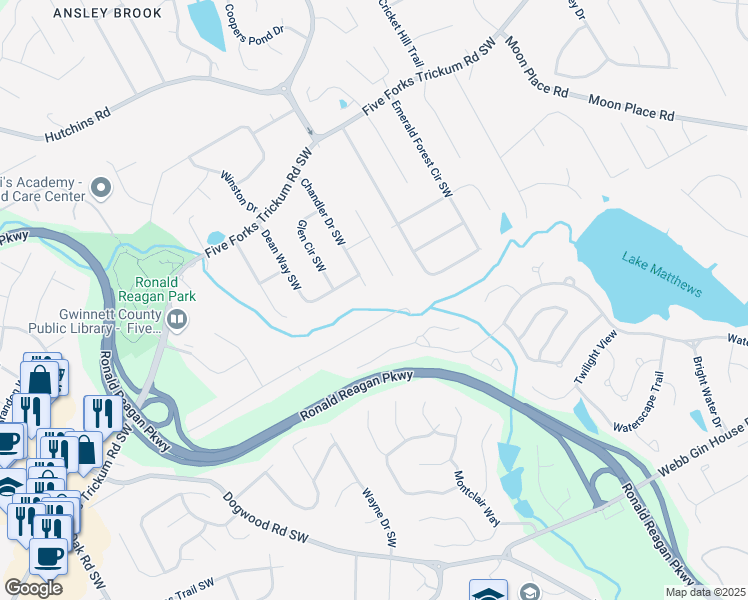 map of restaurants, bars, coffee shops, grocery stores, and more near 844 Chandler Drive Southwest in Lawrenceville