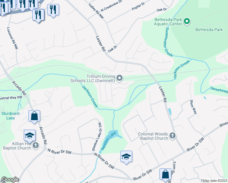map of restaurants, bars, coffee shops, grocery stores, and more near 3834 Safehaven Court Southwest in Lawrenceville