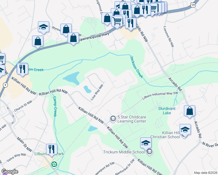 map of restaurants, bars, coffee shops, grocery stores, and more near 4405 Shelley Lane Northwest in Lilburn