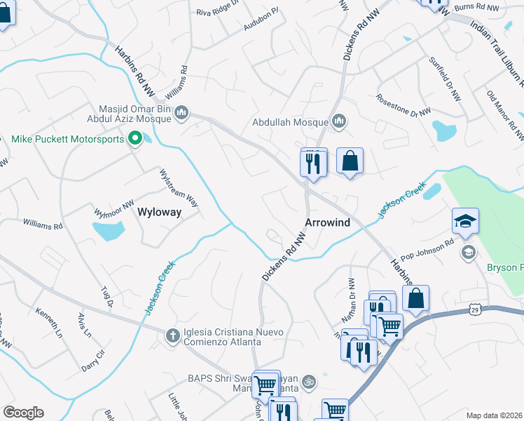 map of restaurants, bars, coffee shops, grocery stores, and more near 5550 Arrowind Road Northwest in Lilburn
