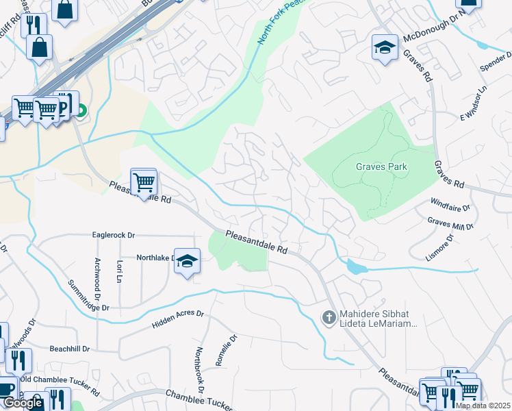 map of restaurants, bars, coffee shops, grocery stores, and more near 3496 Meadowglenn Village Lane in Atlanta