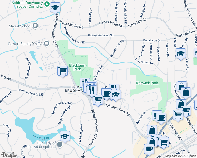map of restaurants, bars, coffee shops, grocery stores, and more near 3522 Blair Circle Northeast in Atlanta