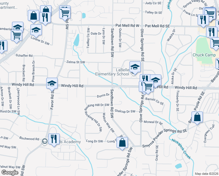 map of restaurants, bars, coffee shops, grocery stores, and more near 2432 Sandtown Road Southwest in Marietta