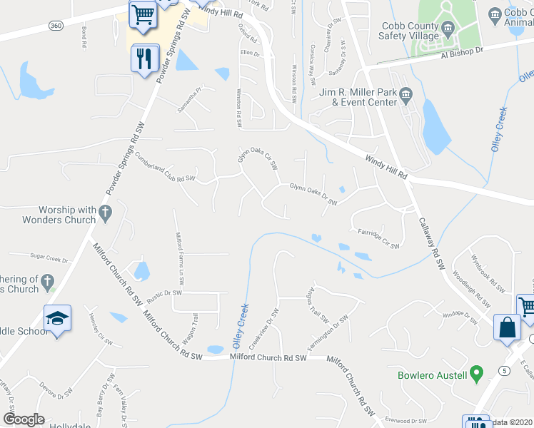 map of restaurants, bars, coffee shops, grocery stores, and more near 1432 Glynn Oaks Drive Southwest in Marietta