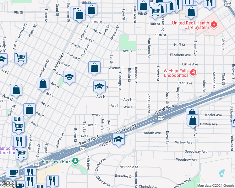 map of restaurants, bars, coffee shops, grocery stores, and more near 1800-1802 Giddings Street in Wichita Falls