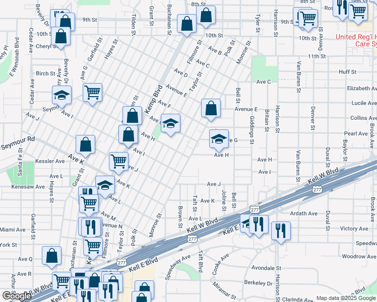 map of restaurants, bars, coffee shops, grocery stores, and more near 1804 Monroe Street in Wichita Falls