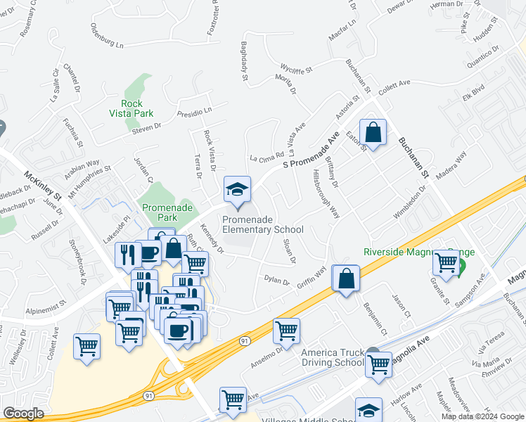 map of restaurants, bars, coffee shops, grocery stores, and more near 573 Hamilton Drive in Corona