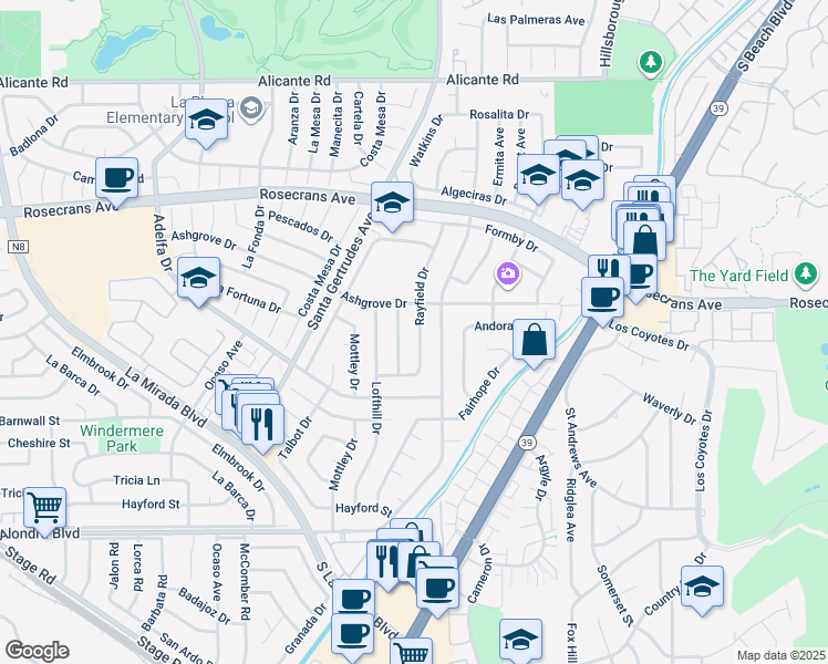map of restaurants, bars, coffee shops, grocery stores, and more near 14931 Rayfield Drive in La Mirada