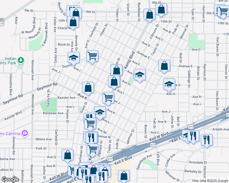 map of restaurants, bars, coffee shops, grocery stores, and more near 1901 Kemp Boulevard in Wichita Falls