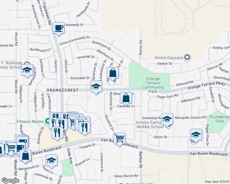map of restaurants, bars, coffee shops, grocery stores, and more near 19908 Promenade Circle in Riverside