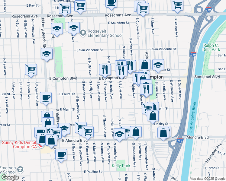 map of restaurants, bars, coffee shops, grocery stores, and more near 220 South Harris Avenue in Compton