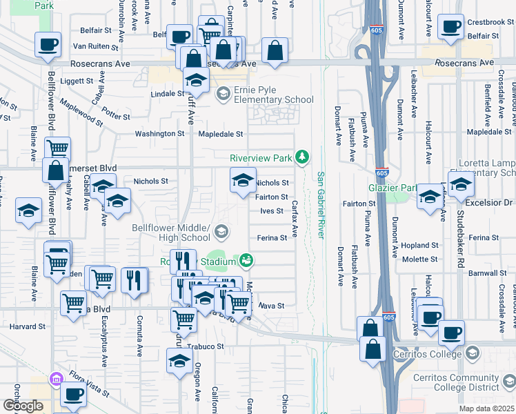 map of restaurants, bars, coffee shops, grocery stores, and more near 10403 Highdale Street in Bellflower