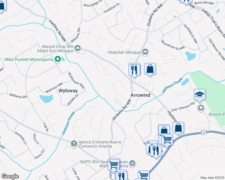 map of restaurants, bars, coffee shops, grocery stores, and more near 5520 Arrowind Road Northwest in Lilburn