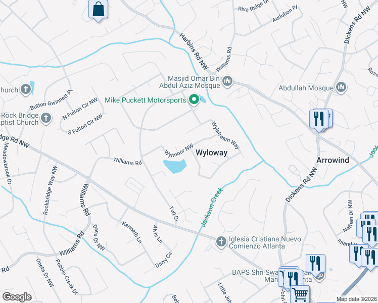 map of restaurants, bars, coffee shops, grocery stores, and more near 850 Wymill Road in Norcross
