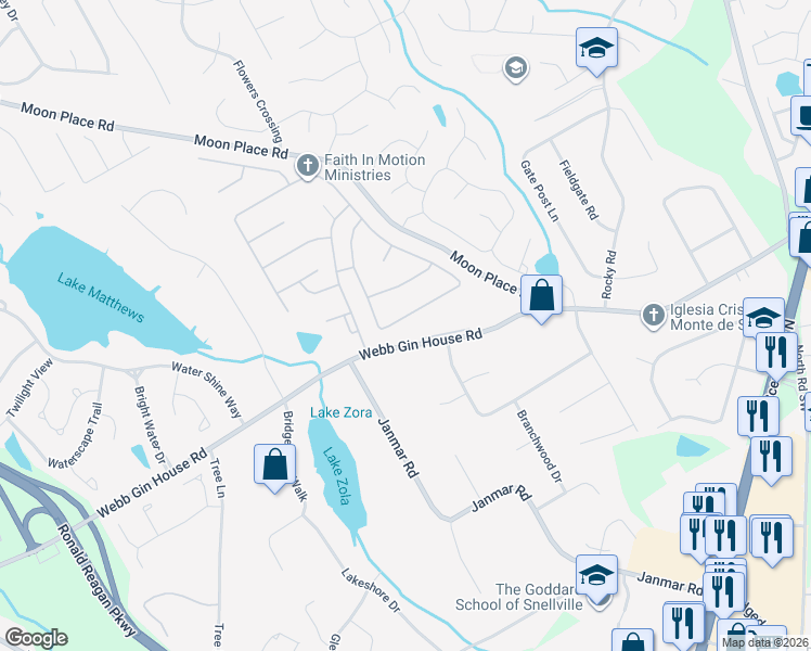 map of restaurants, bars, coffee shops, grocery stores, and more near 532 Grassmeade Way in Snellville