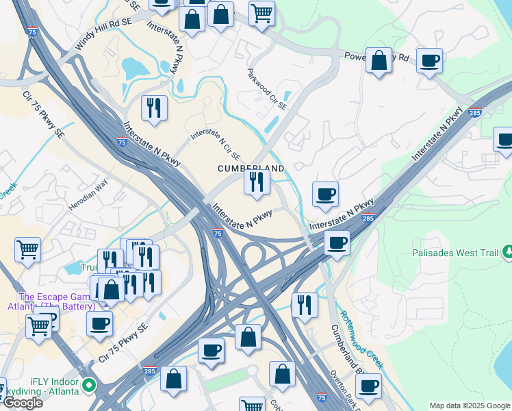 map of restaurants, bars, coffee shops, grocery stores, and more near 380 Interstate North Parkway in Atlanta