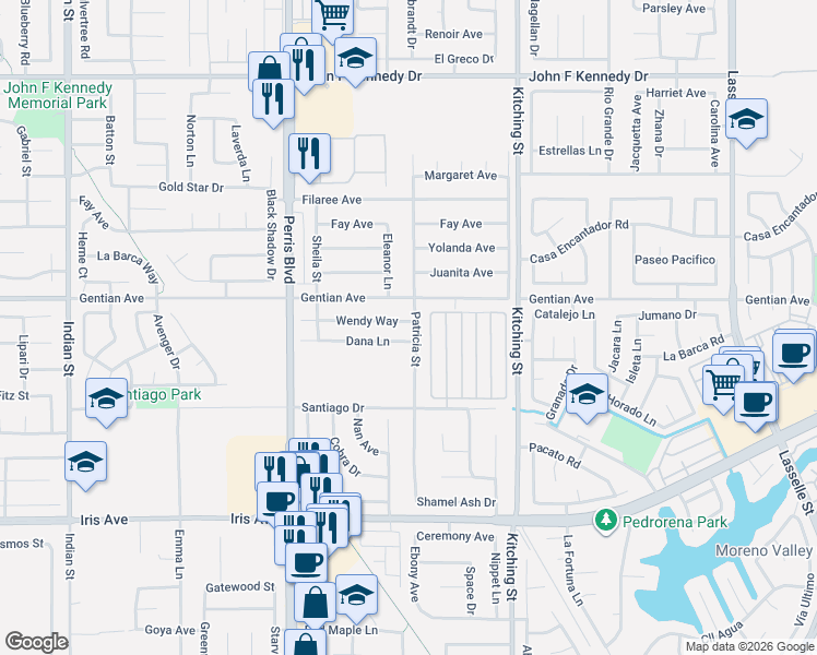 map of restaurants, bars, coffee shops, grocery stores, and more near 25295 Wendy Way in Moreno Valley