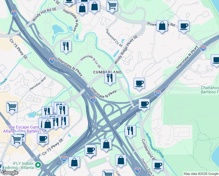 map of restaurants, bars, coffee shops, grocery stores, and more near 380 Interstate North Parkway in Atlanta
