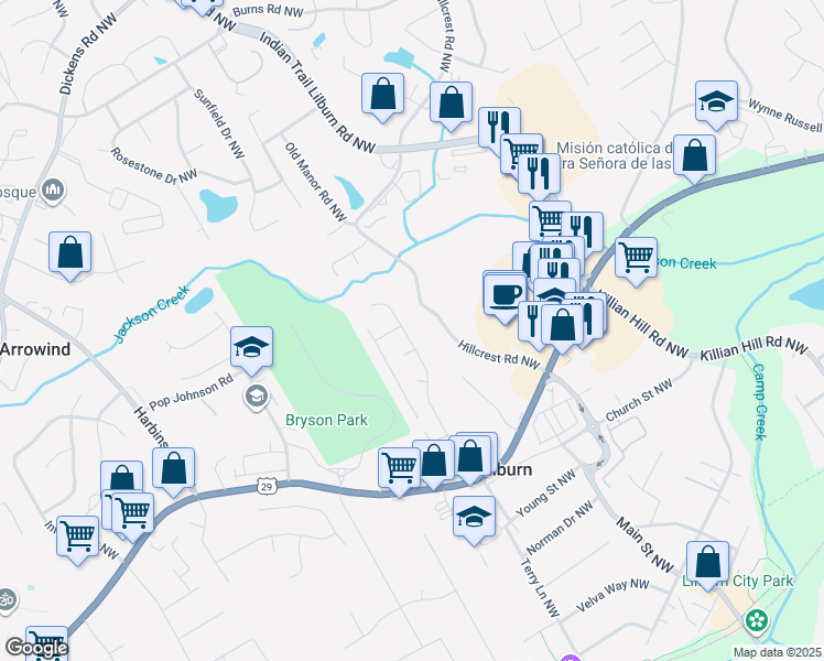 map of restaurants, bars, coffee shops, grocery stores, and more near 464 Holly Ridge Drive Northwest in Lilburn