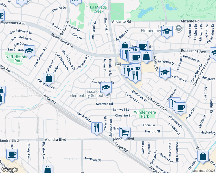 map of restaurants, bars, coffee shops, grocery stores, and more near 14975 Excelsior Drive in La Mirada