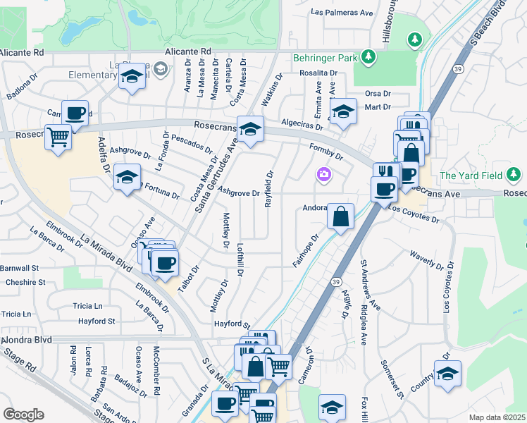 map of restaurants, bars, coffee shops, grocery stores, and more near 14931 Rayfield Drive in La Mirada