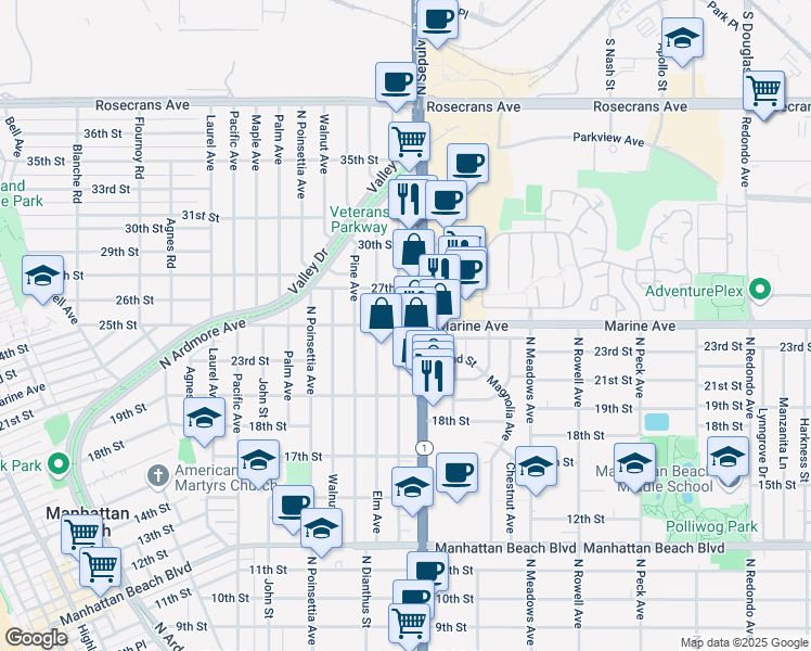 map of restaurants, bars, coffee shops, grocery stores, and more near Marine Avenue in Manhattan Beach