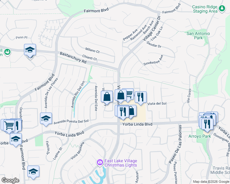 map of restaurants, bars, coffee shops, grocery stores, and more near 4600 Vía Pamplona in Yorba Linda