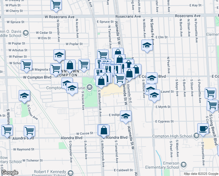 map of restaurants, bars, coffee shops, grocery stores, and more near 132 Racquet Club Drive in Compton