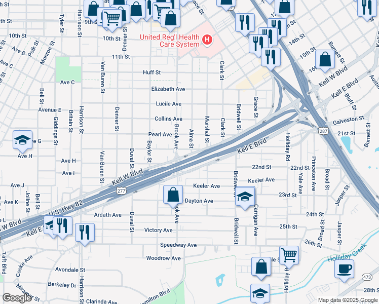 map of restaurants, bars, coffee shops, grocery stores, and more near 2200 Marshal Street in Wichita Falls