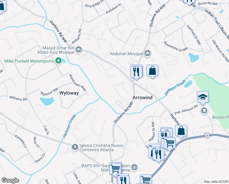 map of restaurants, bars, coffee shops, grocery stores, and more near 5550 Arrowind Road Northwest in Lilburn