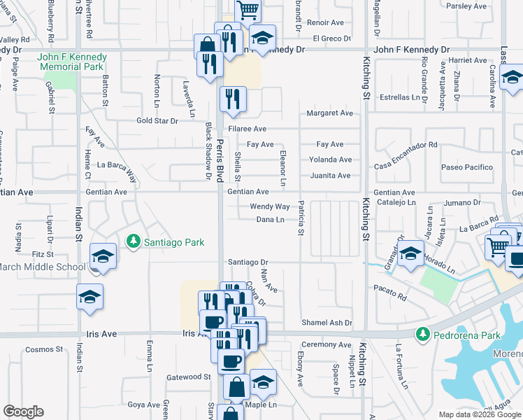 map of restaurants, bars, coffee shops, grocery stores, and more near 25167 Wendy Way in Moreno Valley